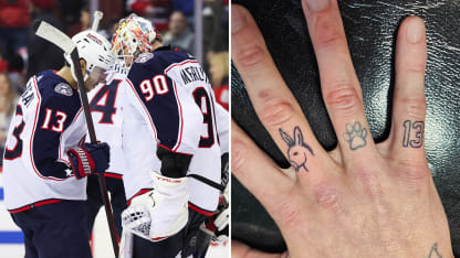 Elvis Merzlikins gets number 13 tattoo in honor of Johnny Gaudreau